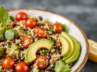 Vibrant salad with quinoa, avocado, cherry tomatoes, and a lemon wedge, placed in a ceramic bowl
