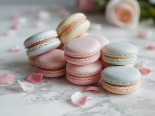 Obraz premium Assorted macarons in pastel colors, arranged on a marble platter with scattered rose petals