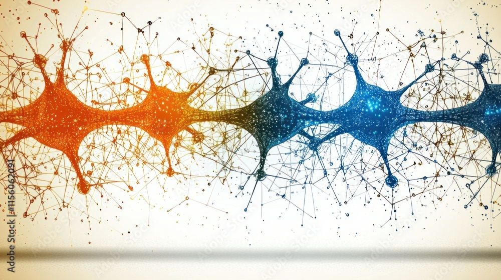 Poster abstract neural network connection, digital illustration of synapses and neurons.