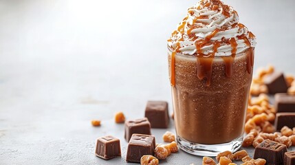 Iced coffee drink topped with whipped cream and caramel.