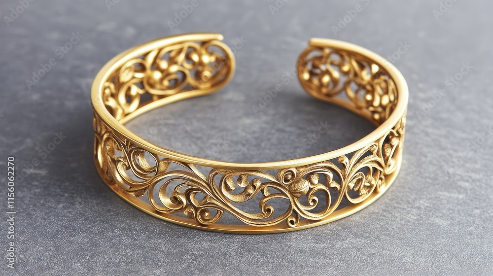 Poster elegant golden cuff bracelet with intricate scrollwork design