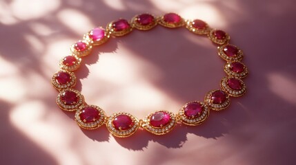 Fototapeta premium Elegant Gold Necklace with Red Gemstones and Sparkling Details
