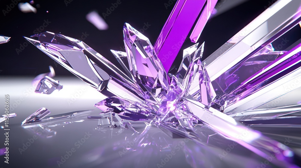 Poster abstract purple and clear crystal shards exploding on reflective surface.