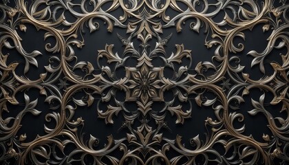 An ornate abstract pattern with interwoven metallic threads in silver, gold, and bronze, forming intricate, flowing shapes on a deep charcoal background, with a polished, luxurious finish.