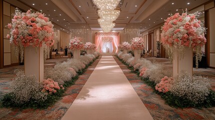 Elegant wedding venue decorated with blossoming pink and white floral arrangements, featuring an enchanting aisle and a stunning backdrop for the ceremony