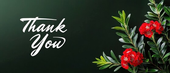 Obraz premium Elegant Thank You Card Design with Red Flowers and Dark Green Leaves