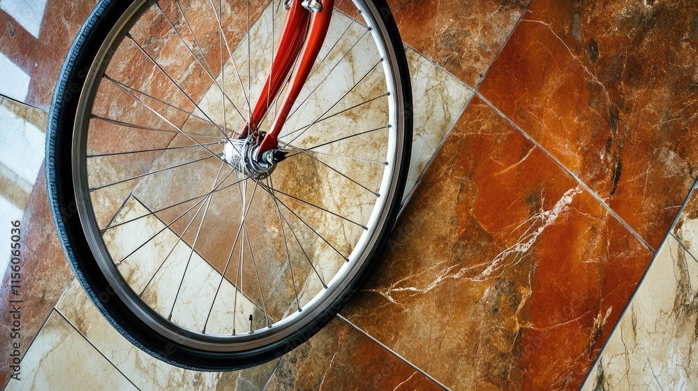 Poster bicycle wheel on colorful floor tiles with unique patterns