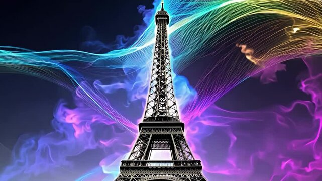 A colorful image of the Eiffel Tower with purple and blue swirls surrounding it. The image has a dreamy, whimsical feel to it
