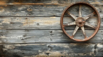 Obraz premium Vintage Wooden Wagon Wheel Against Rustic Wooden Background