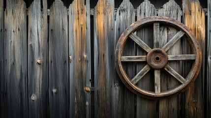 Rustic Wooden Wheel Against Weathered Barn Wood Background