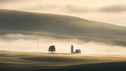 朝霧に浮かぶ高原の風力発電風景