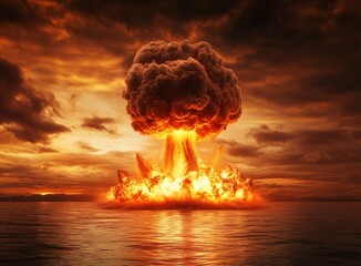 Nuclear explosion mushroom cloud over ocean at sunset. (3)