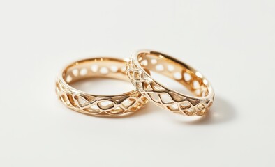 Two elegant gold rings with intricate lattice design, close-up on white background.