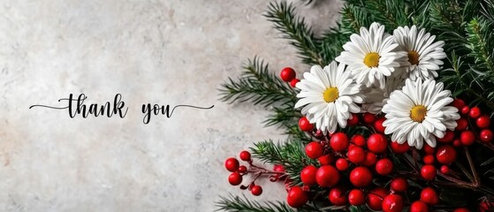 Elegant Thank You Floral Arrangement with Daisies, Berries, and Pine