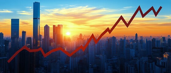 Skyline view at sunset with buildings and a red graph showing upward trend indicating progress