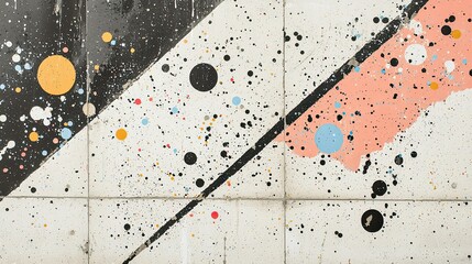 Abstract colorful paint splatters on tiled wall.