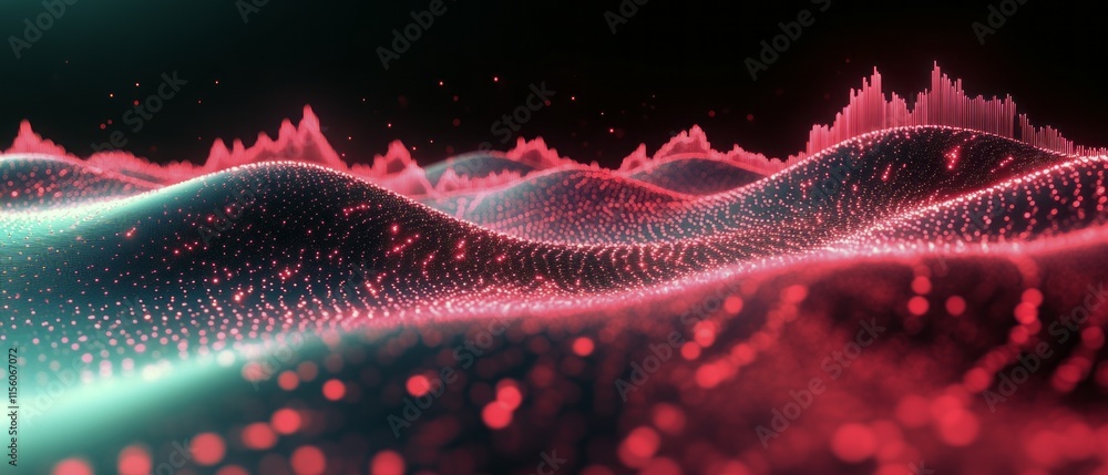 Poster abstract design featuring flowing sound waves illuminated in red and green hues