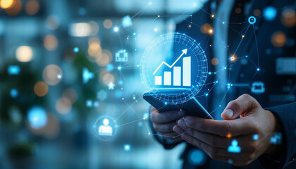 Businessman using mobile smartphone and icon network connection data with growth graph customer, digital marketing, banking and payment online, analysis and planning of business