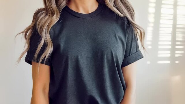 Dark Grey Heather Shirt Mockup, Oversized Blank T-Shirt Template, Fashion, Female, Girl, Women, Model, Wearing a Dark Grey Heather Tee Shirt and Jeans, Sitting In a White Room.