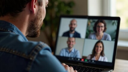 A person participates in a video conference call on a laptop with four other people visible on the screen. Concept of remote communication.