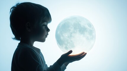 Naklejka premium Boy with Flashlight Illuminates the Moon