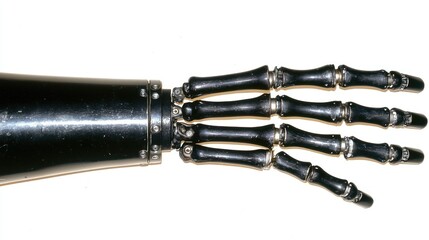 Close-up of a metallic robotic hand and forearm, isolated on white background.
