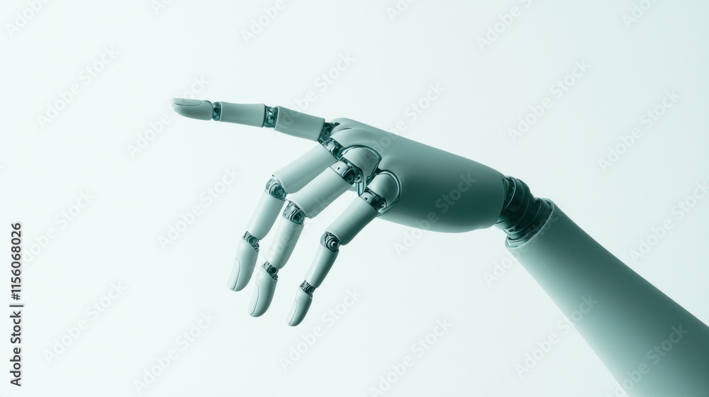 Poster close-up of a robotic hand pointing, showcasing intricate mechanical design against a muted backgrou