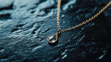 Elegant Gold Necklace with Pear Shaped Pendant on Dark Background