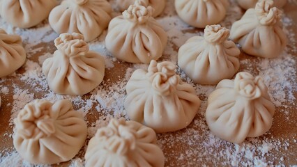 Preparation of traditional Georgian Khinkali dumplings on a floured surface