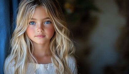 Naklejka premium A girl stands gracefully in soft light, highlighting her enchanting blue eyes and flowing hair