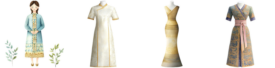 National Dress Day and elegance tradition, The image features a collection of four distinct dresses, showcasing a variety of styles, colors, and designs.