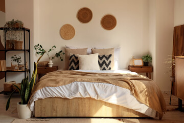 Interior of cozy bedroom with plants, shelf unit and tables