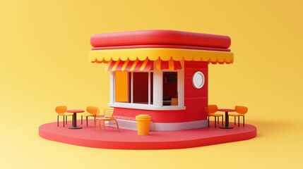 3D render of a small modern kiosk with red and yellow theme. fast food branding