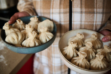 Homemade Georgian Khinkali Served in Bowls