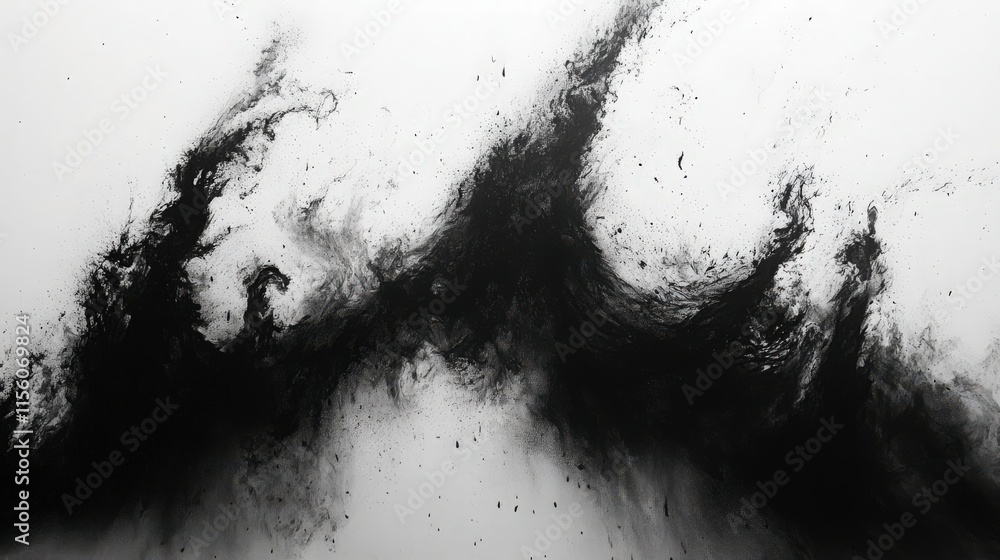 Poster dynamic abstract composition featuring black ink splashes and organic forms on a white background fo