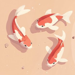 Three Cute Red Koi Fish Swimming in a Pond, Flat Cartoon Style