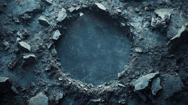 A large crater on a rugged, rocky terrain.