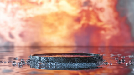 Water on a reflective surface with a fiery background