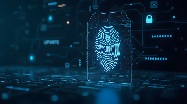 Digital fingerprint scanner, scan biometric identity and access password thru fingerprint, concept of cybersecurity and data protection, security system