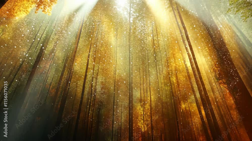 Poster sunlight streams through golden trees in a serene forest during autumn