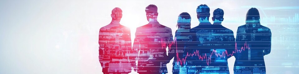 Universal business website header with silhouetted professionals and double exposure of economic growth graph and financial data chart, perfect for corporate branding and digital presentations