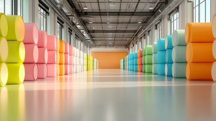 Vibrant Colorful Cylindrical Storage in Bright Industrial Space with Abundant Natural Light and Modern Design Features, Ideal for Creative and Artistic Backgrounds