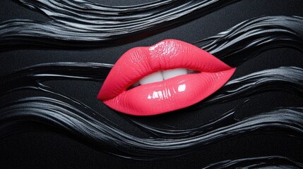 Obraz premium Glossy Pink Lips Surrounded by Black Hair Strands on Dark Background