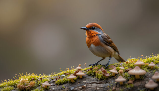 Male red breasted flycatcher Ficedula parva elegantly perched on a mossy log adorned with mushrooms, showcasing a striking close up image in soft light and vibrant color tones. 