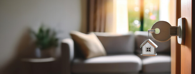 Key in door unlocking a cozy home interior with natural light through the window. Modern country private house. Moving or renting property.