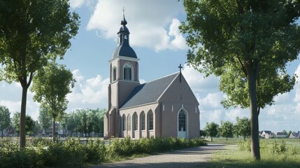 Brick church nestled in green landscape