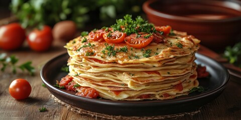 Stack of Thin Pancakes with Fresh Tomato and Herb Topping