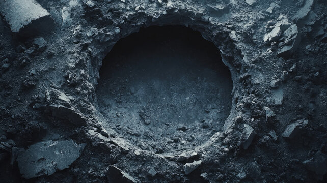 A large crater surrounded by rocky debris. - Powered by Adobe