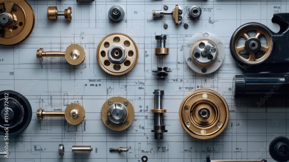Aufkleber mechanical components layout on technical drawing background