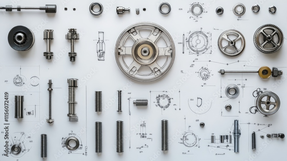 Poster precision engineering components and technical drawings layout